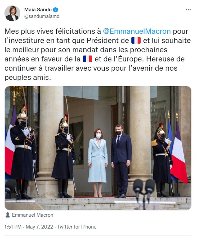 Maia Sandu a transmis un mesaj de felicitare omologului său francez, Emmanuel Macron, care a fost învestit astăzi în funcția de președinte