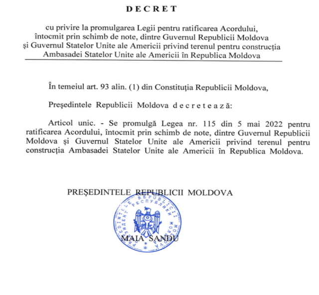 Maia Sandu a semnat decretul privind Legea pentru ratificarea Acordului dintre R. Moldova și Guvernul SUA pentru construcția un nou sediu al diplomației americane (doc)