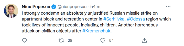 Nicu Popescu condamnă „ferm” atacul rus asupra orașului Sergheevka. „Un alt atac oribil asupra obiectivelor civile, după Kremenchuk”