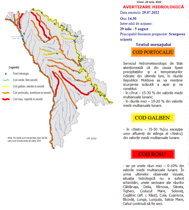 Avertizare hidrologică. Cod roșu, portocaliu și galben de debit scăzut al apei din râurile Republicii Moldova
