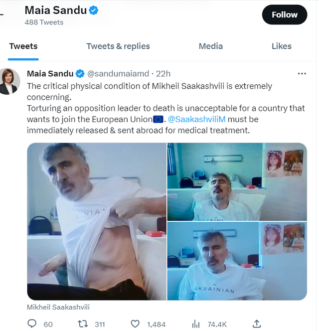Maia Sandu cere eliberarea fostului președinte georgian Saakașvili: „Torturarea până la moarte a unui lider este inacceptabilă pentru o țară care vrea să adere la UE”