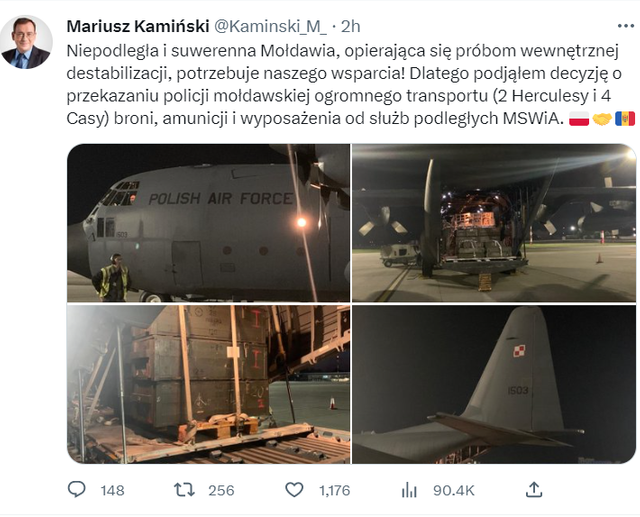 Șase avioane poloneze cu arme și muniții destinate Poliției Republicii Moldova au ajuns astăzi la Chișinău
