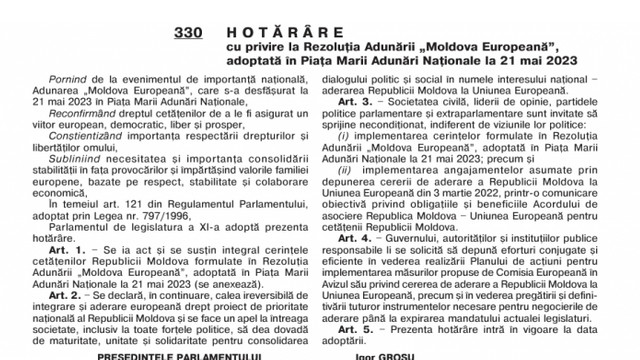 Rezoluția Adunării „Moldova Europeană” a fost publicată în Monitorul Oficial