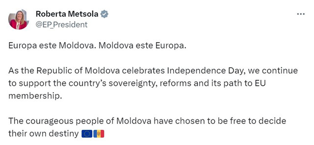 Președinta Parlamentului European, Roberta Metsola: „Europa este Moldova. Moldova este Europa”