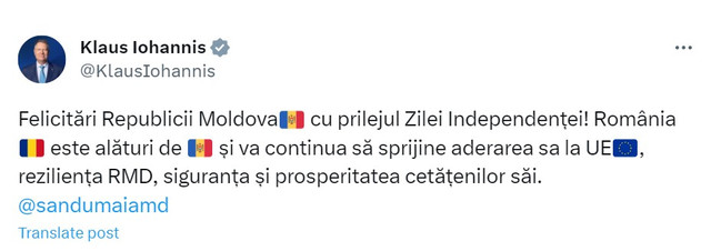 Klaus Iohannis, de Ziua Independenței R. Moldova: România este alături de R. Moldova și va continua să sprijine aderarea sa la UE