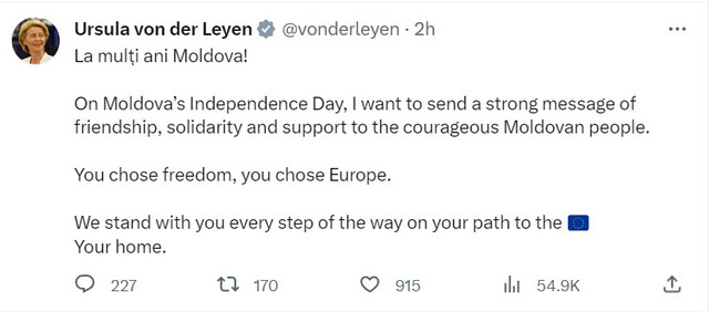 Ursula von der Leyen, de Ziua Independenței R. Moldova: „UE este casa voastră. Suntem alături de voi”