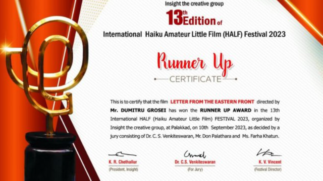 Scurtmetrajul „DANTE CAFE” al regizorului Dumitru Grosei a obținut trofeul Festivalului din India