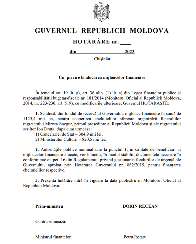 Funeraliile primului președinte al R. Moldova, Mircea Snegur, și ale scriitorului Ion Druță, suportate din Fondul de Rezervă al Guvernului 
