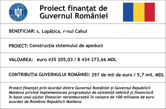 Guvernul României finanțează accesul la apă potabilă al locuitorilor din satul Lopățica, raionul Cahul
