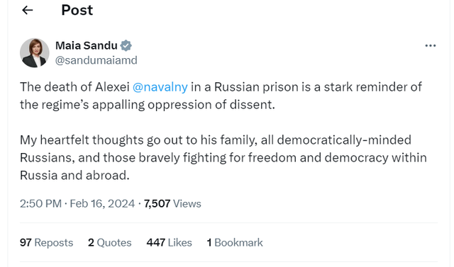 Maia Sandu: Moartea lui Alexei Navalnîi într-o închisoare rusească este o reamintire îngrozitoare a opresiunii disidenței de către regim