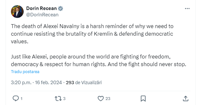 Dorin Recean, despre decesul subit al opozantului rus: Moartea lui Alexei Navalny este o reamintire a motivului pentru care trebuie să continuăm să rezistăm brutalității Kremlinului 