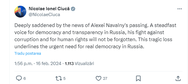 Președintele Senatului României, Nicolae Ciucă, reacție după decesul lui Navalnîi: “Această pierdere tragică subliniază nevoia urgentă de democrație reală în Rusia”