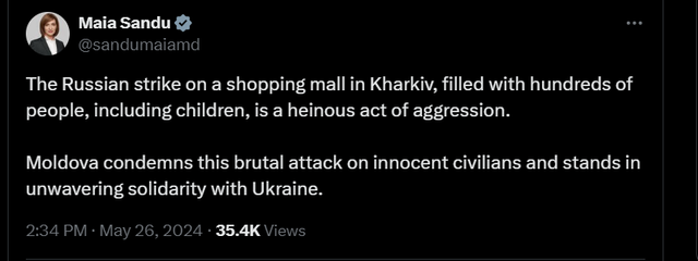 Maia Sandu condamnă atacul rus cu bombe ghidate asupra unui centru comercial din Harkov: „Este un act odios de agresiune”