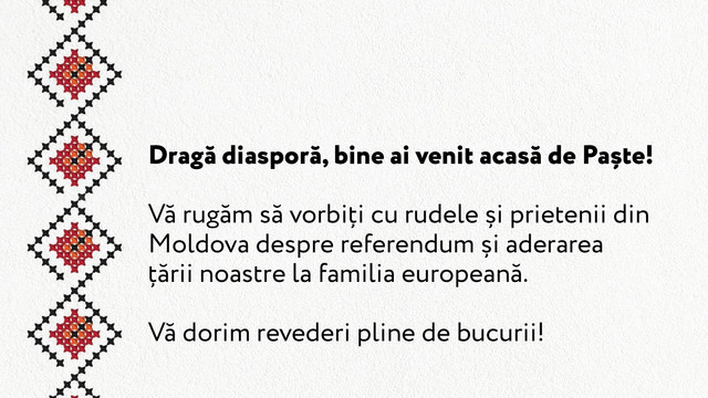 Maia Sandu îndeamnă diaspora să vorbească despre referendum cu rudele când revin acasă, de Paște