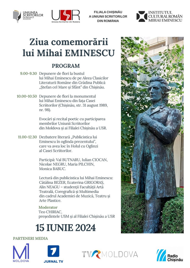 Vor fi organizate o serie de manifestări dedicate comemorării lui M. Eminescu, cu spijinul ICR „Mihai Eminescu” la Chișinău