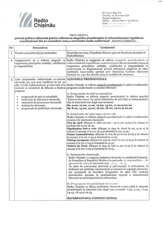 Declarația privind politica editorială pentru reflectarea alegerilor prezidențiale și referendumului republican constituțional din 20 octombrie 2024 