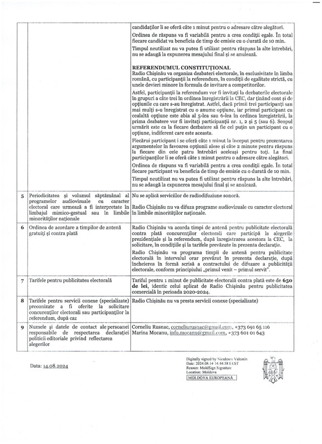 Declarația privind politica editorială pentru reflectarea alegerilor prezidențiale și referendumului republican constituțional din 20 octombrie 2024 