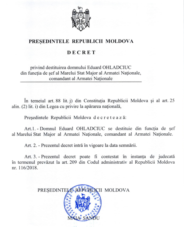 Șeful Marelui Stat Major al Armatei Naționale, Eduard Ohladciuc, a fost demis. Maia Sandu a semnat decretul privind destituirea acestuia