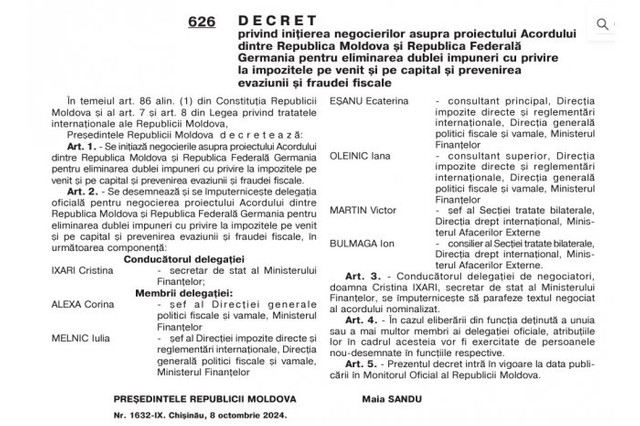 R. Moldova va semna un Acord cu Germania pentru prevenirea evaziunii fiscale. Decretul de inițiere a negocierilor a fost publicat în Monitorul Oficial