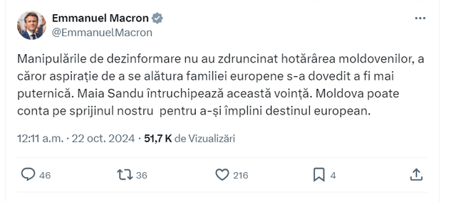 Emmanuel Macron a afirmat, în limba română, că Maia Sandu întruchipează voința Republicii Moldova de a se alătura familiei europene 