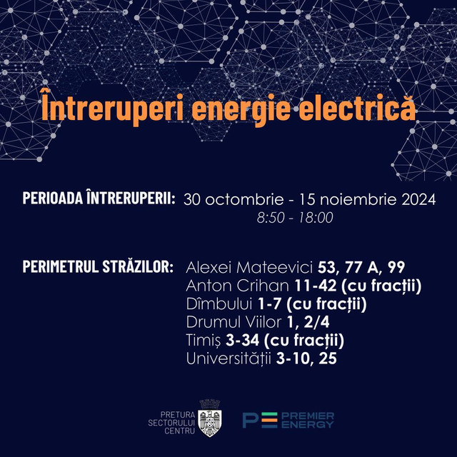 Mai mulți locuitori din Chișinău vor rămâne fără energie electrică. Adresele vizate