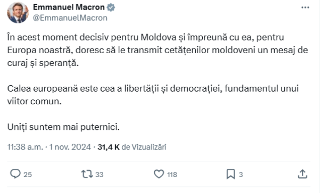 Președintele francez Emmanuel Macron, mesaj în limba română adresat cetățenilor Republicii Moldova: „Calea europeană este cea a libertății și democrației, fundamentul unui viitor comun”