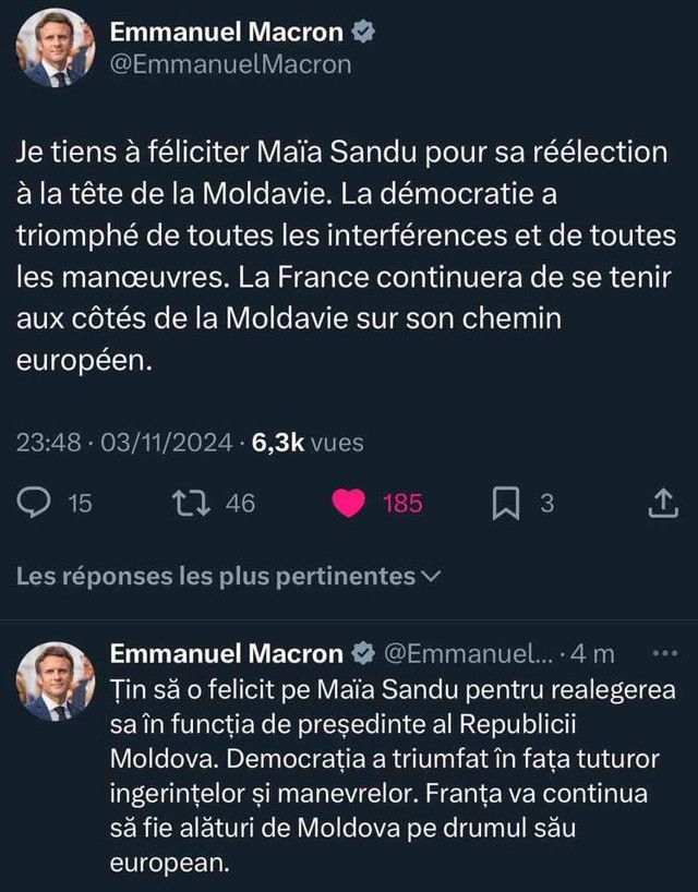 Emmanuel Macron o felicită pe Maia Sandu, în limba română: „Democrația a triumfat în fața tuturor ingerințelor și manevrelor”