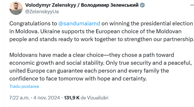 Volodimir Zelenski: „Moldovenii au ales calea creșterii economice și stabilității sociale”

