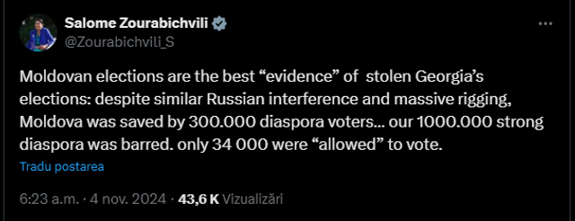 Președinta Georgiei, Salome Zourabichvili: „În ciuda interferențelor ruse și a fraudelor masive, Moldova a fost salvată de 300 mii de alegători din diaspora”