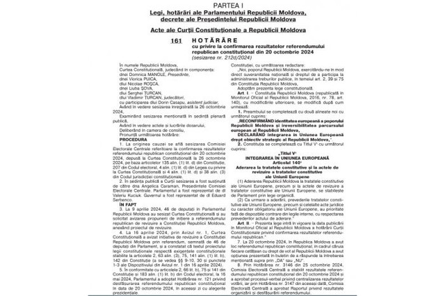 Integrarea europeană introdusă în Constituție. Hotărârea Curții Constituționale privind confirmarea rezultatelor referendumului a fost publicată în Monitorul Oficial