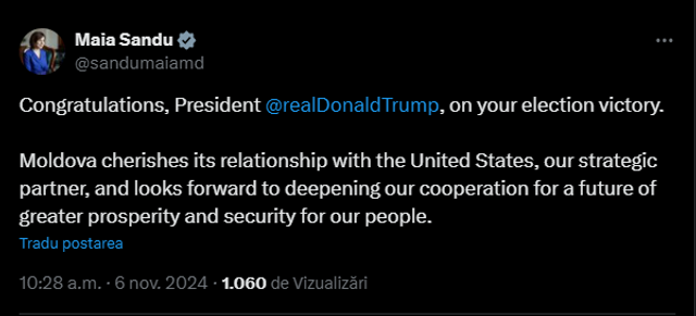 Maia Sandu îl felicită pe Donald Trump pentru câștigarea alegerilor prezidențiale din SUA. „Așteptăm cu nerăbdare să ne aprofundăm cooperarea”