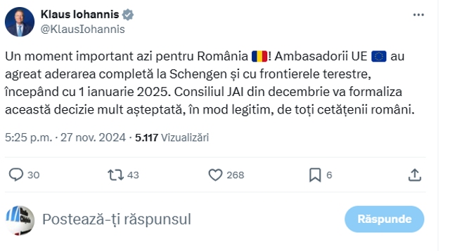 Klaus Iohannis: Ambasadorii UE au agreat aderarea completă a României la Schengen și cu frontierele terestre, începând cu 1 ianuarie 2025