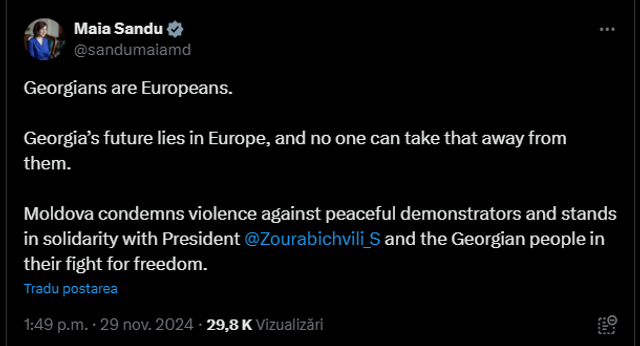 Șefa statului condamnă actele violente împotriva protestatarilor pașnici din Georgia. „Viitorul Georgiei se află în Europa și nimeni nu le poate lua asta”