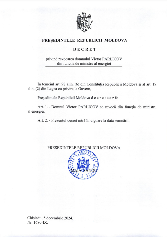 Președinta Maia Sandu a semnat decretul de demitere a ministrului energiei, Victor Parlicov 