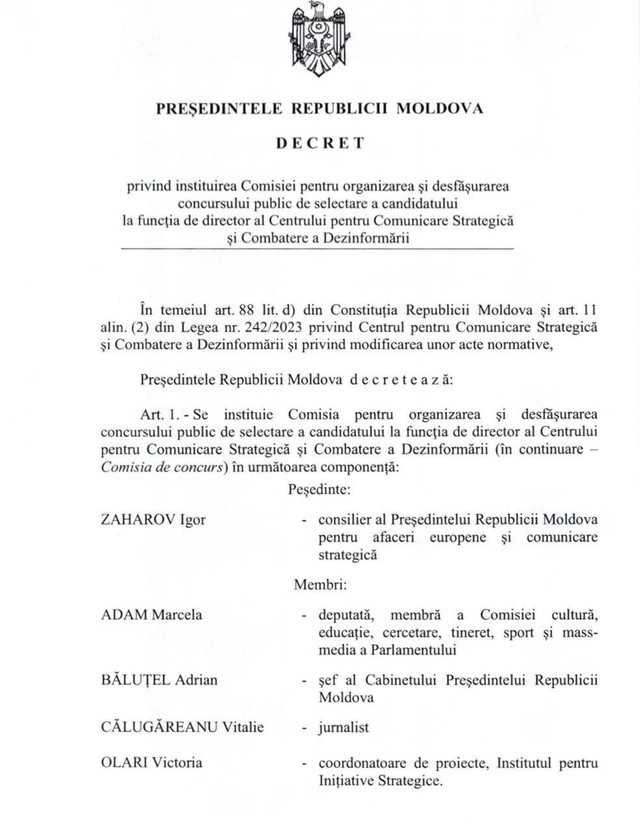 Maia Sandu a semnat decretul pentru înființarea comisiei pentru alegerea directorului Centrului pentru Comunicare Strategică și Combaterea Dezinformării


