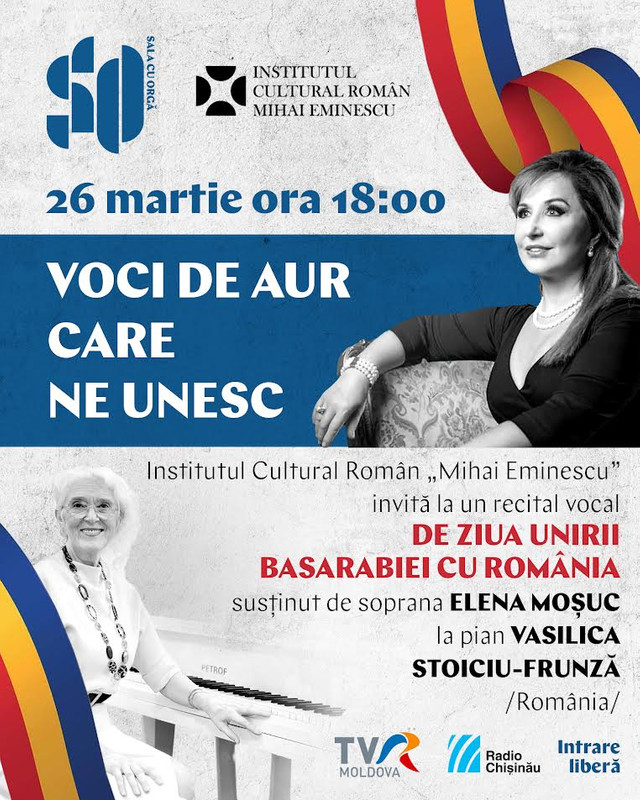 „Voci de aur care ne unesc” | ICR „Mihai Eminescu” organizează un recital de pian și voce de ziua Unirii Basarabiei cu România