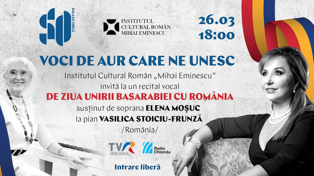 „Voci de aur care ne unesc” | ICR „Mihai Eminescu” organizează un recital de pian și voce de ziua Unirii Basarabiei cu România