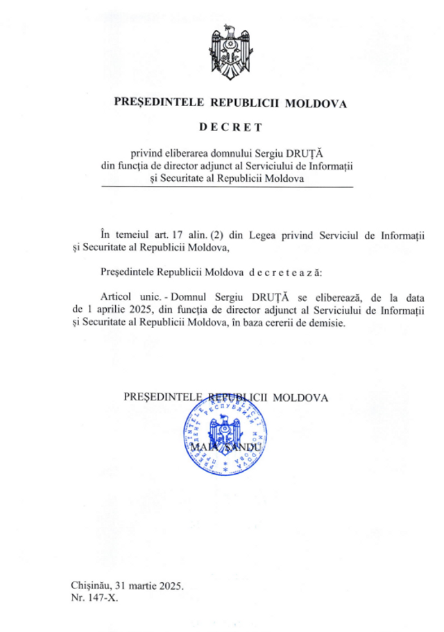 Sergiu Druță a fost eliberat din funcția de director adjunct al SIS. Maia Sandu a semnat decretul  Sergiu Druță a fost eliberat din funcția de director adjunct al SIS. Maia Sandu a semnat decretul