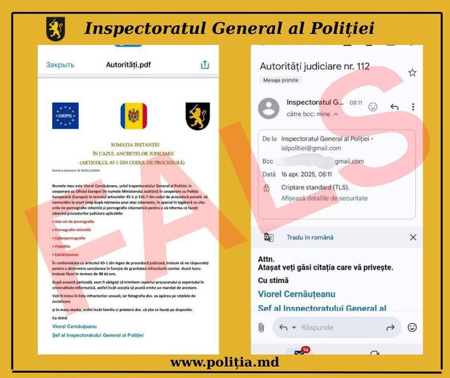 IGP atenționează că pe adresele electronice ale cetățenilor este distribuit un mesaj fals: „Șeful poliției NU trimite citații!”