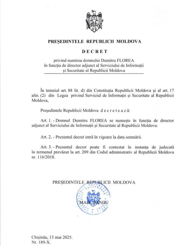 Serviciul de Informații și Securitate are un nou director adjunct. Maia Sandu a semnat decretul 