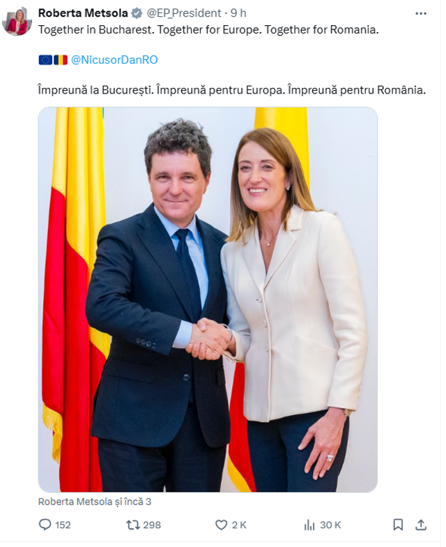 Prima întâlnire a lui Nicușor Dan cu Roberta Metsola. Mesaj în română a președintei Parlamentului European: „Împreună pentru Europa. Împreună pentru România”
