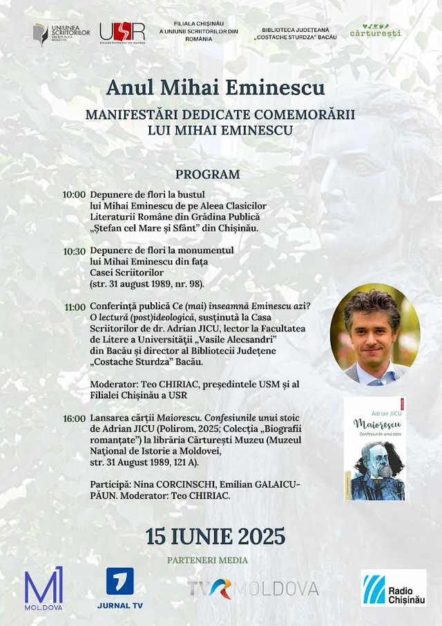 Uniunea Scriitorilor organizează o serie de evenimente dedicate comemorării lui Mihai Eminescu, pe 15 iunie