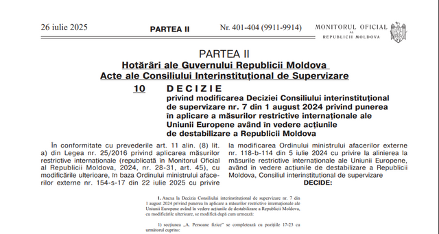 Publicat în Monitorul Oficial: Chișinăul pune în aplicare măsurile restrictive impuse de UE. Persoanele și entitățile apropiate lui Ilan Șor, incluse în listă
