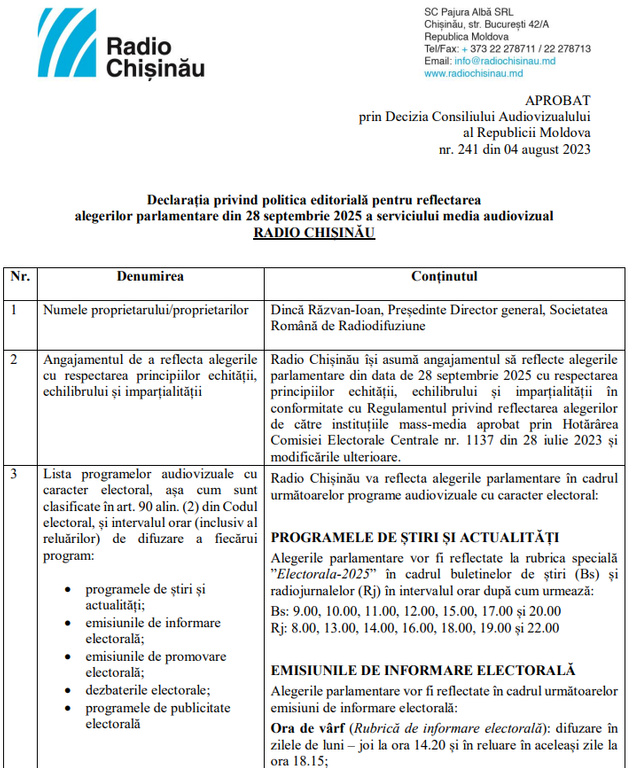 Declarația privind politica editorială pentru reflectarea alegerilor parlamentare din 28 septembrie 2025  Declarația privind politica editorială pentru reflectarea alegerilor parlamentare din 28 septembrie 2025