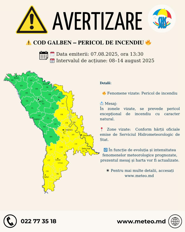 Cod galben de incendiu în sudul și parțial centrul Republicii Moldova 