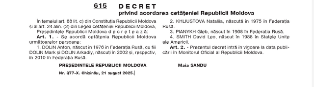 Criticul rus de film Anton Dolin și jurnalistul rus Gleb Pianych au devenit cetățeni ai Republicii Moldova. Decretul prezidențial, publicat în Monitorul Oficial