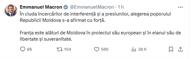 Mesaj în limba română al președintelui francez Emmanuel Macron: „În ciuda încercărilor de interferență și a presiunilor, alegerea poporului Republicii Moldova s-a afirmat cu forță”