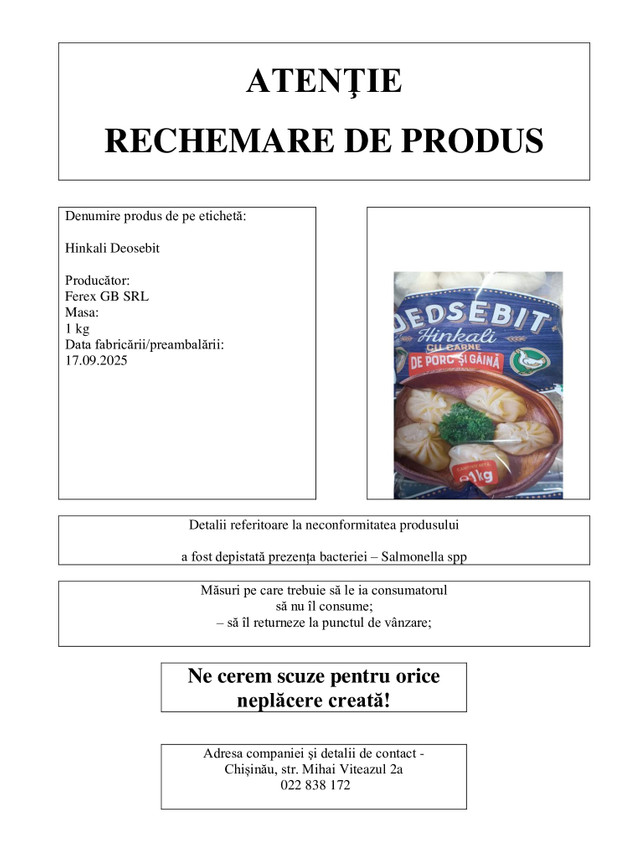 ANSA anunță retragerea din comerț a unui produs ce conține carne, după a fost depistată prezența unei bacterii 