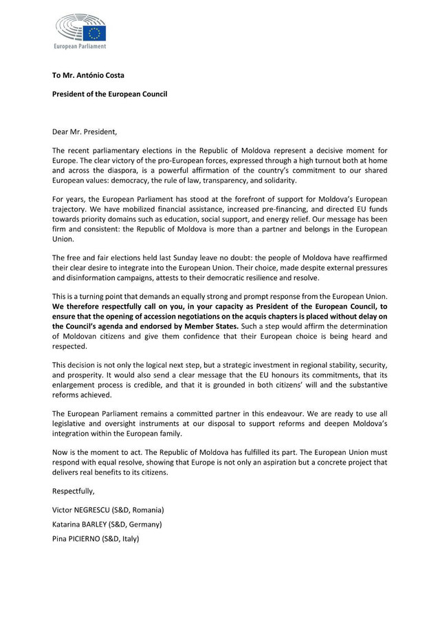 Victor Negrescu și alți 55 de eurodeputați au semnat o scrisoare adresată lui António Costa prin care cer „deschiderea imediată” a negocierilor de aderare cu R. Moldova