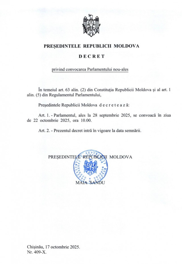 Maia Sandu a semnat decretul privind convocarea Parlamentului nou ales